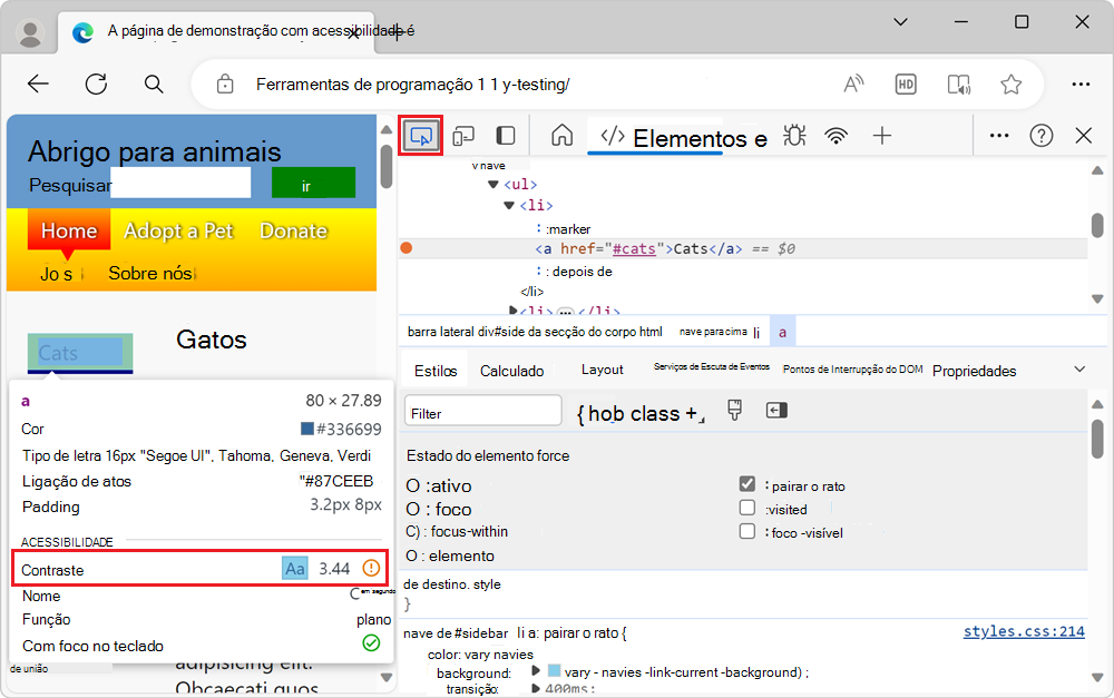 Testar o contraste de um elemento num estado de pairar simulado