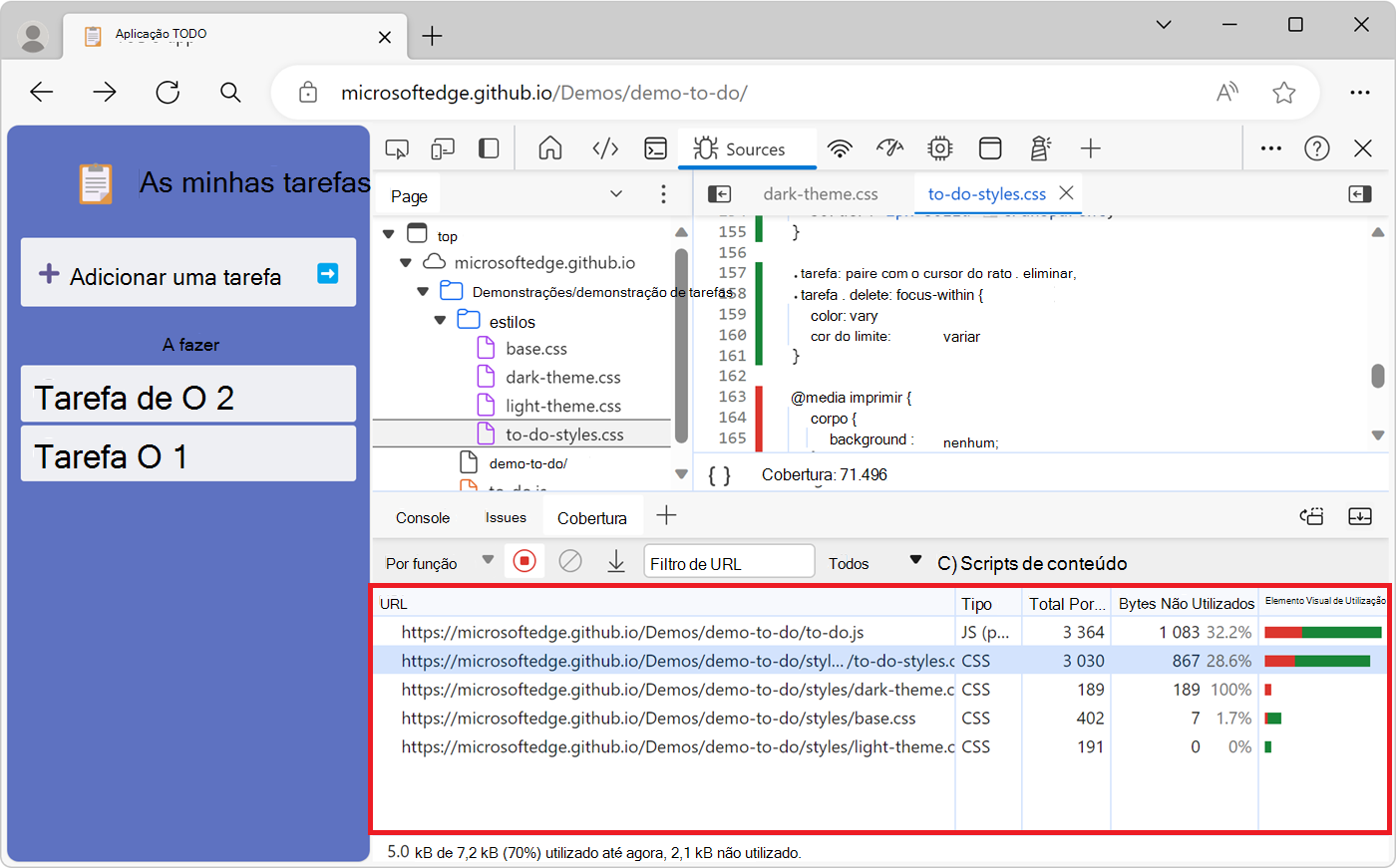 Um relatório de cobertura do código