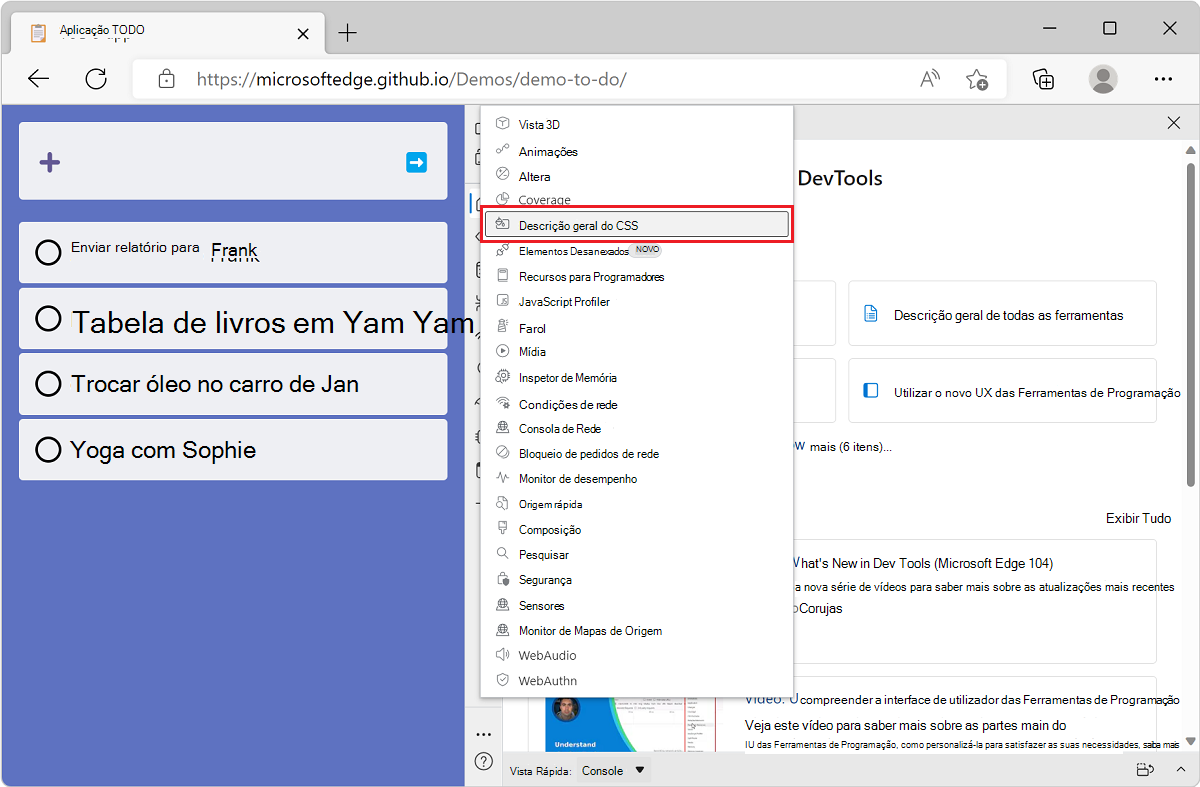 Microsoft Edge, com a aplicação de demonstração Lista de tarefas e DevTools junto à mesma, a mostrar a lista de ferramentas do botão Mais Ferramentas