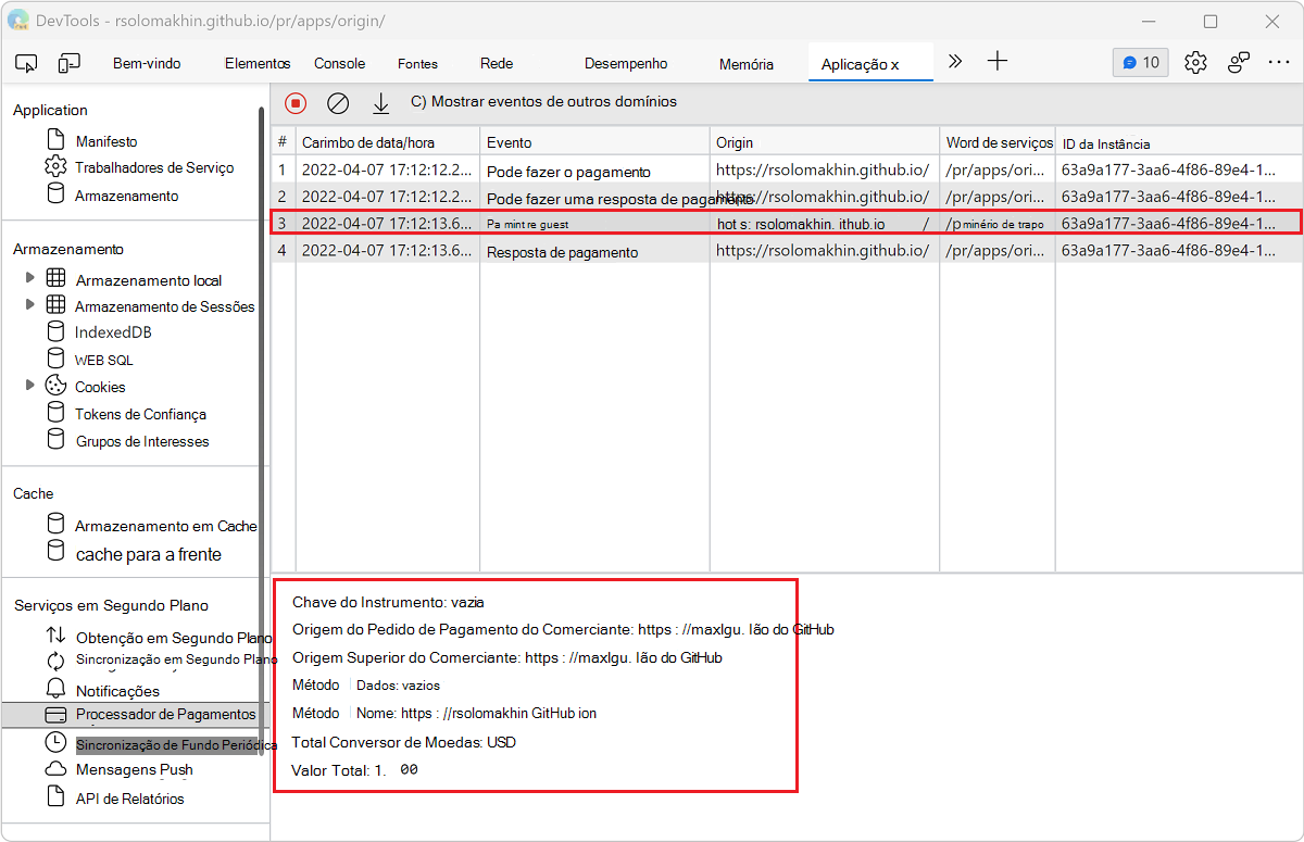 Ver os detalhes de um evento no painel Processador de Pagamentos