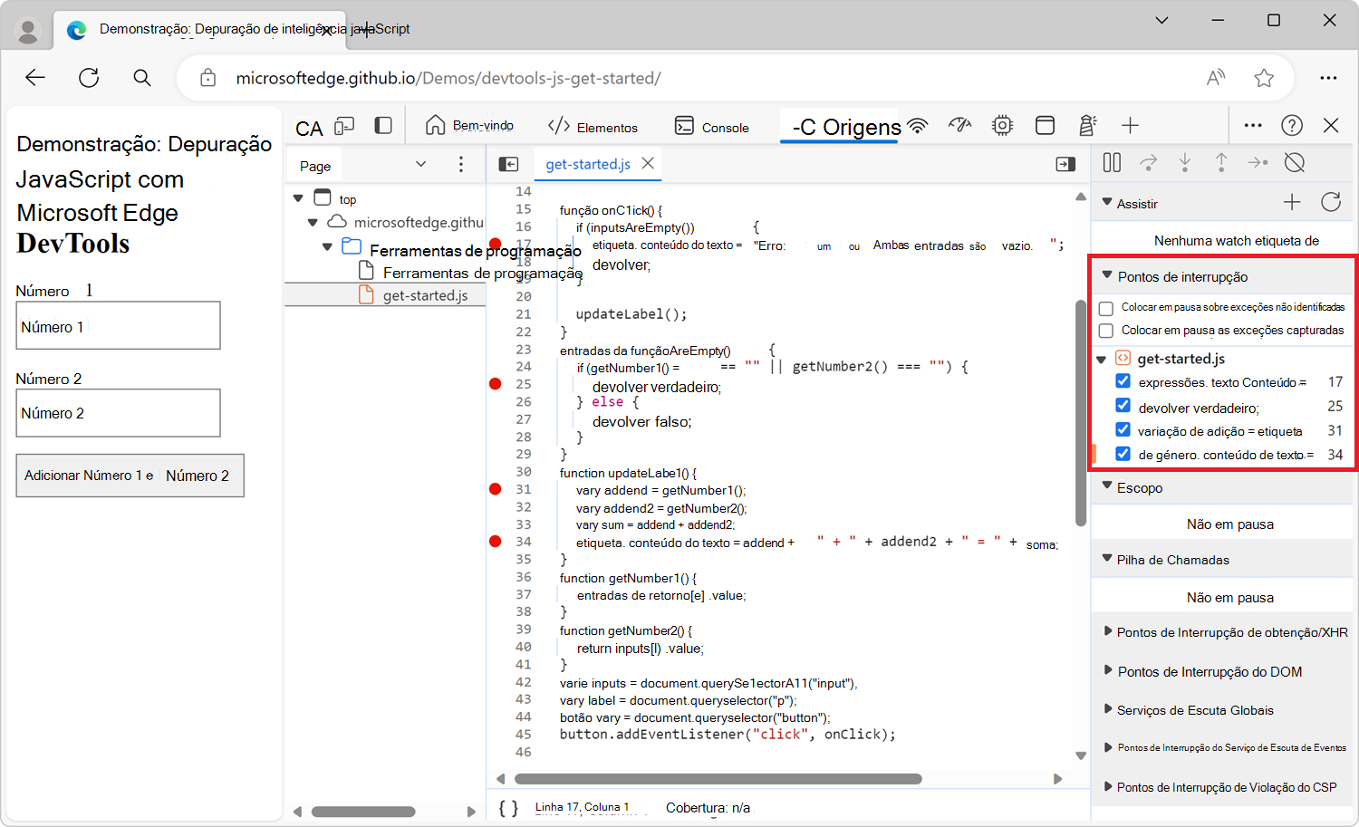 O painel Pontos de interrupção