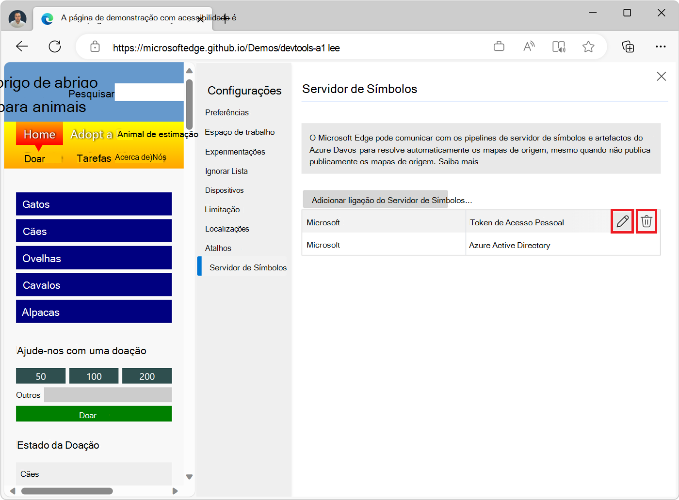 Os botões remover e editar, num item de ligação, na página definições do Servidor de Símbolos