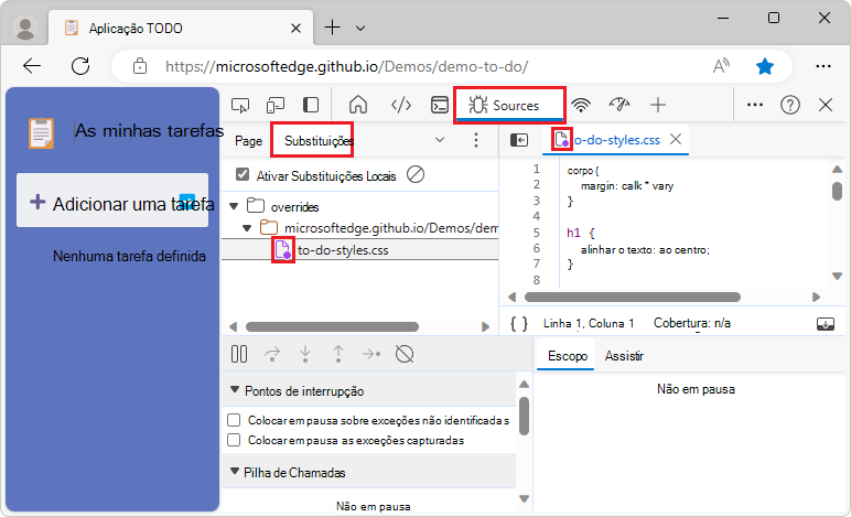 Armazenar o ficheiro na pasta de substituições adiciona um ponto roxo ao ícone de página