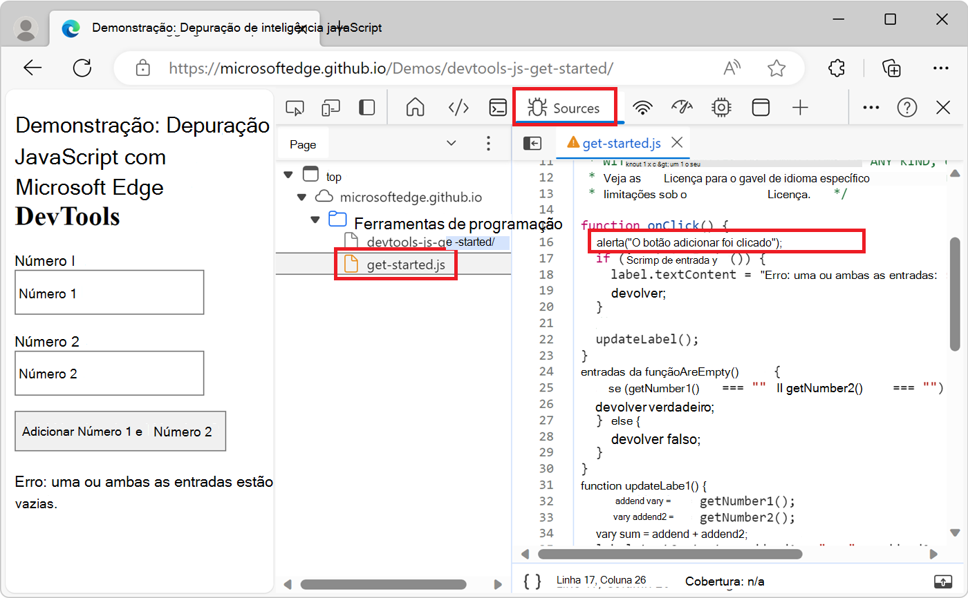 A ferramenta Origens, a mostrar a alteração do código no ficheiro get-started.js
