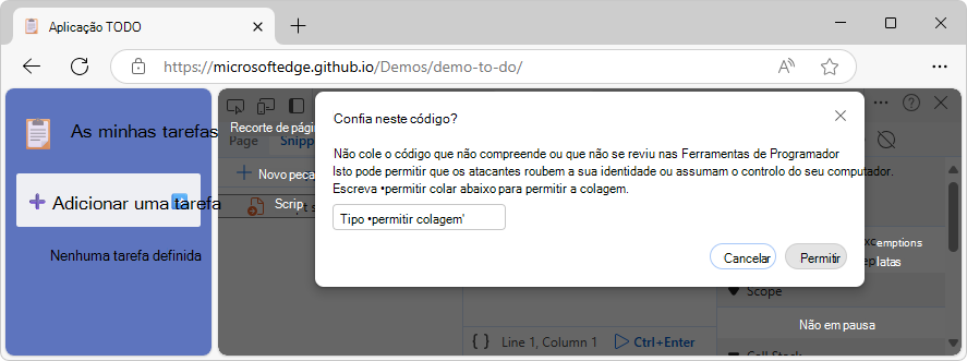Editor de separadores fragmentos da ferramenta De origens a apresentar o aviso auto-XSS