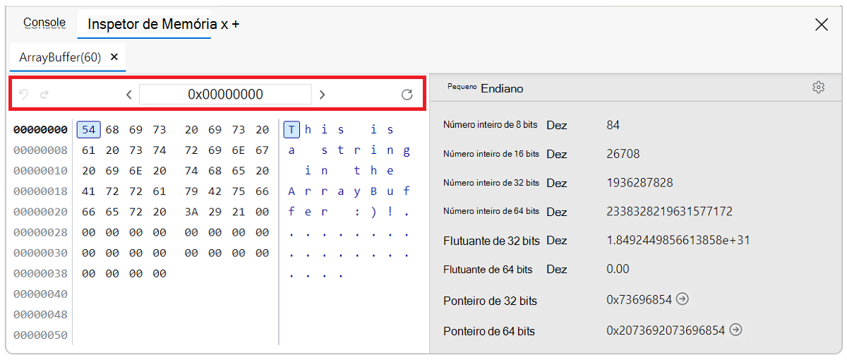 Barra de navegação do painel inspetor de memória