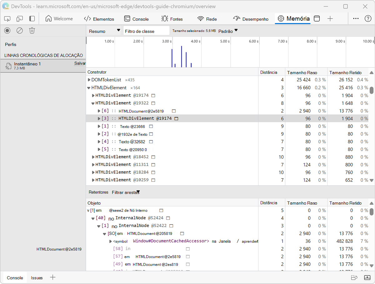 Instrumentação de alocação no linha do tempo