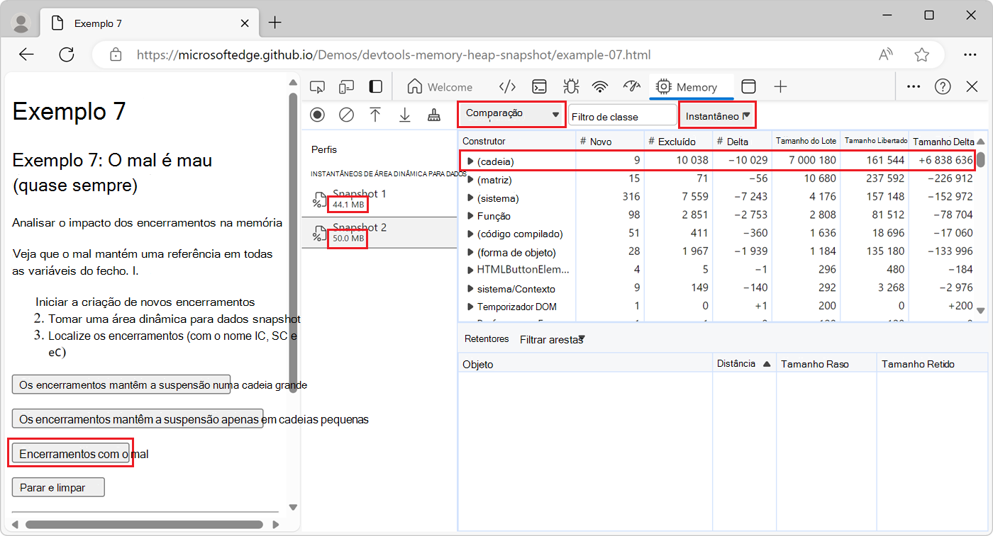 A vista Comparação, que mostra que foram criadas novas cadeias na segunda snapshot