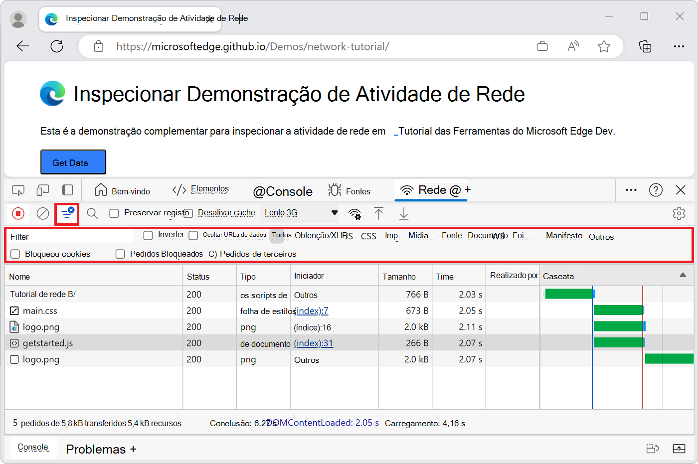 A barra de ferramentas Filtros