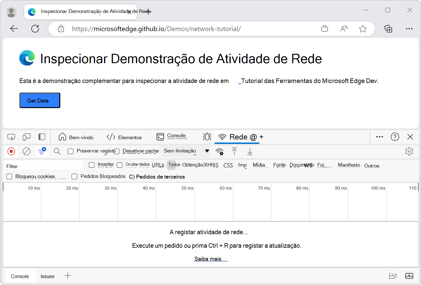 Ferramenta de rede em DevTools, com DevTools ancorado na parte inferior da janela