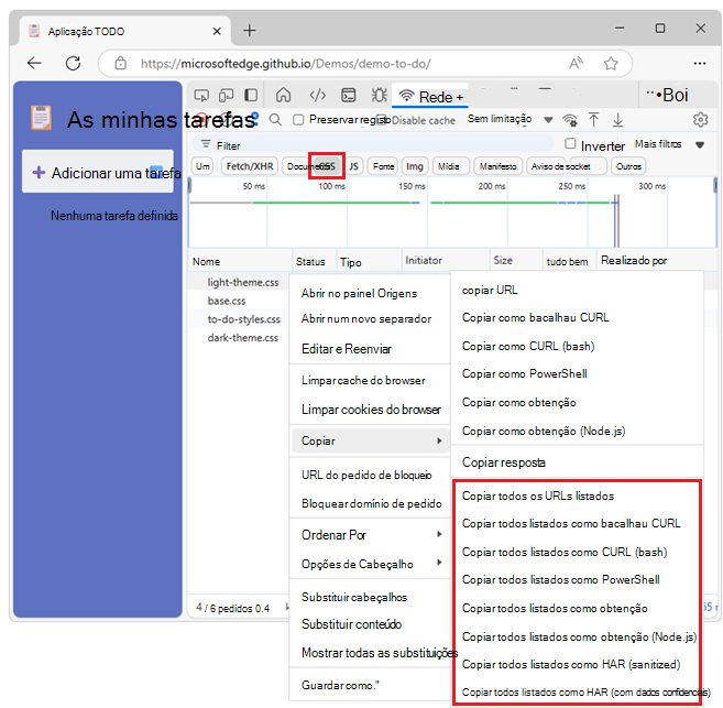 Opções de cópia para um conjunto filtrado de pedidos