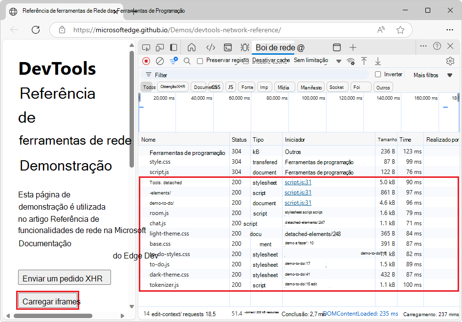 O registo de pedidos de rede com pedidos não agrupados