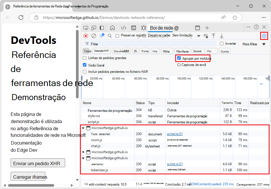 O registo de pedidos de rede com pedidos agrupados por iframes