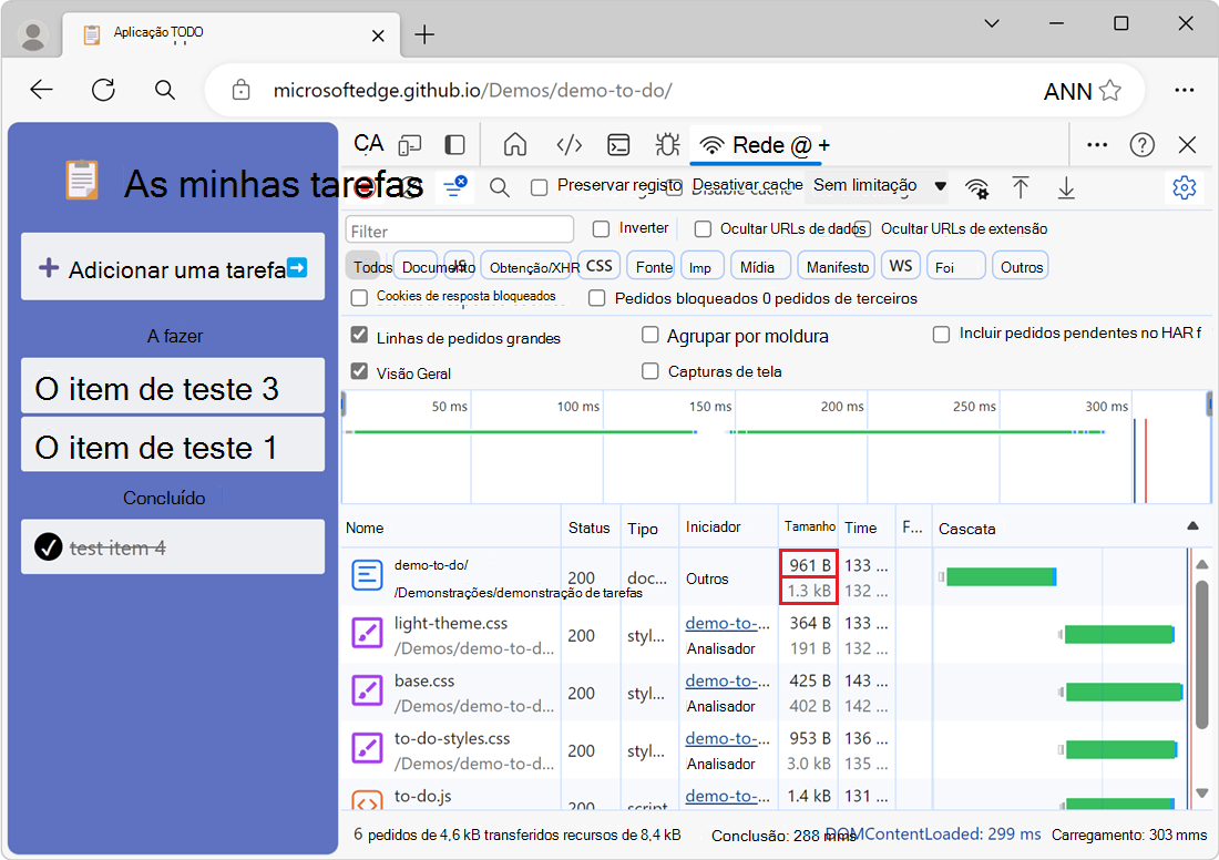 Um exemplo de recursos descomprimidos