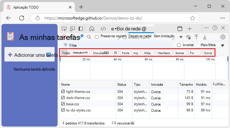 Utilizar os filtros de Tipo para apresentar os recursos de JS, CSS e Documento