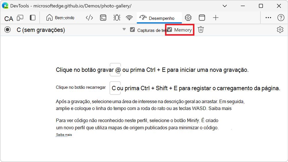 A caixa de verificação Memória