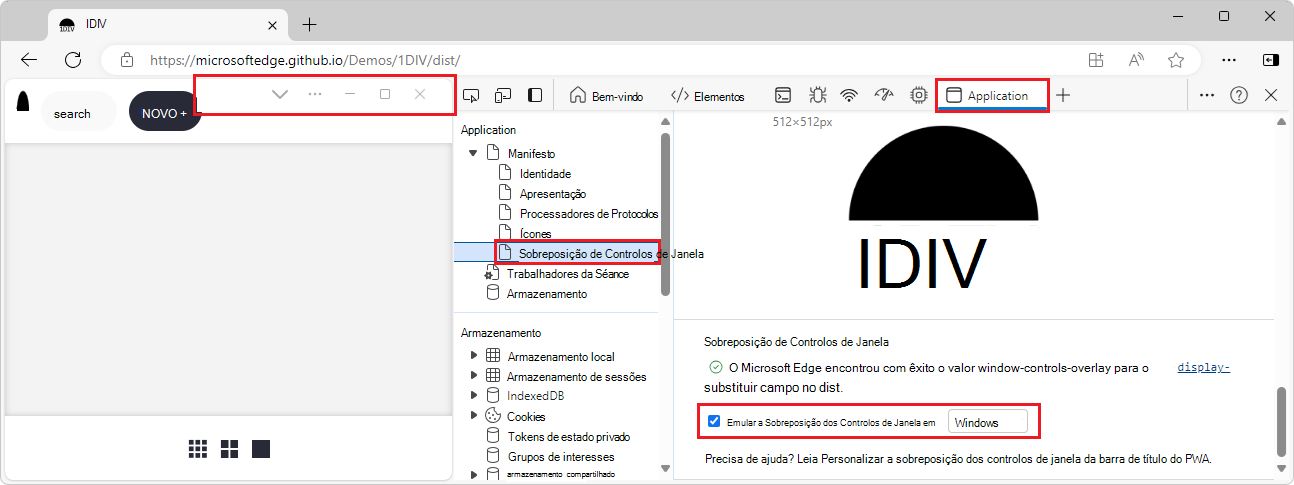 Sobreposição de controlos de janela no canto superior direito da página Web de demonstração