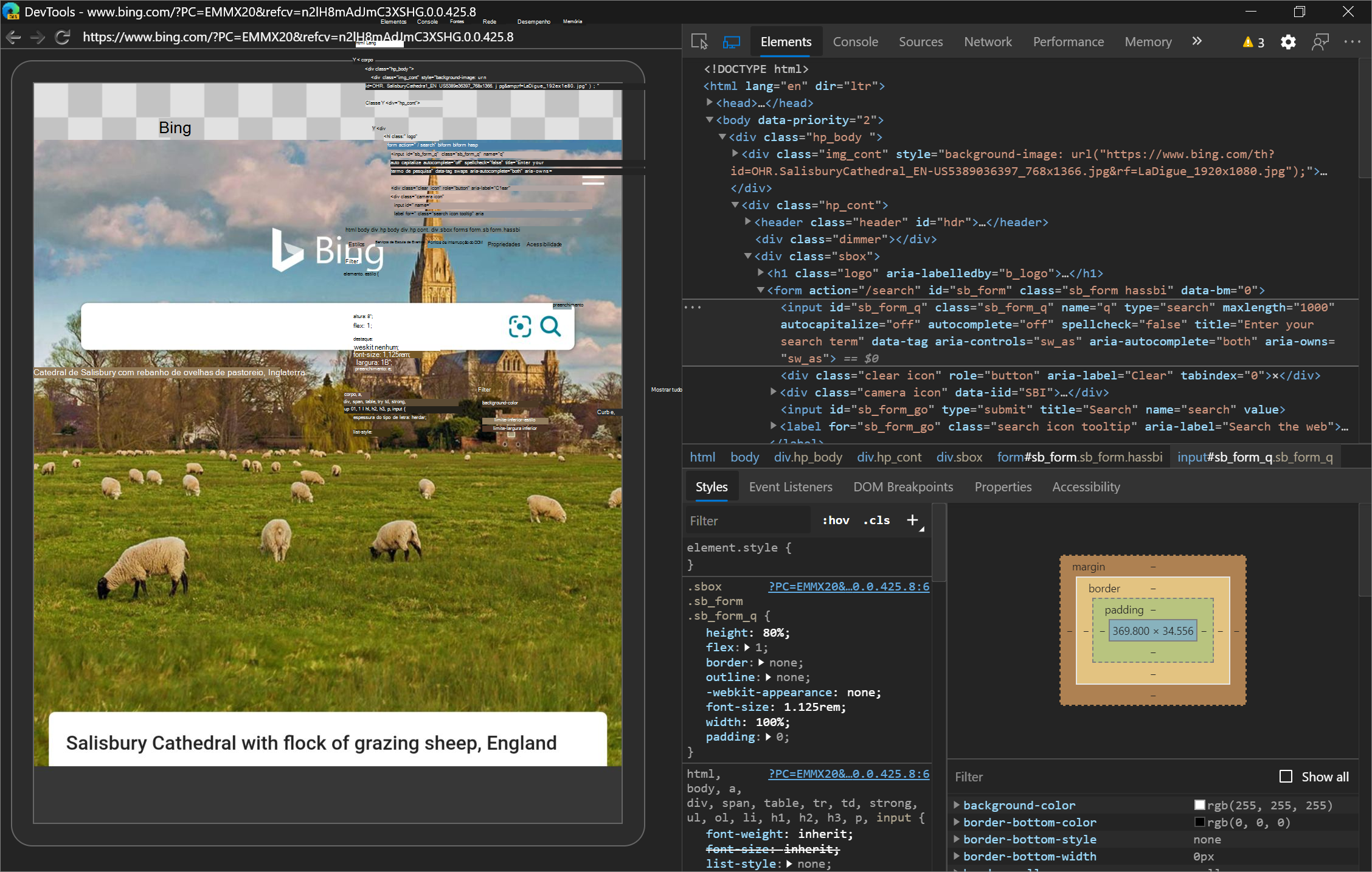 Utilizar as DevTools do Microsoft Edge para depurar o Bing na aplicação Microsoft Edge no emulador do Surface Duo