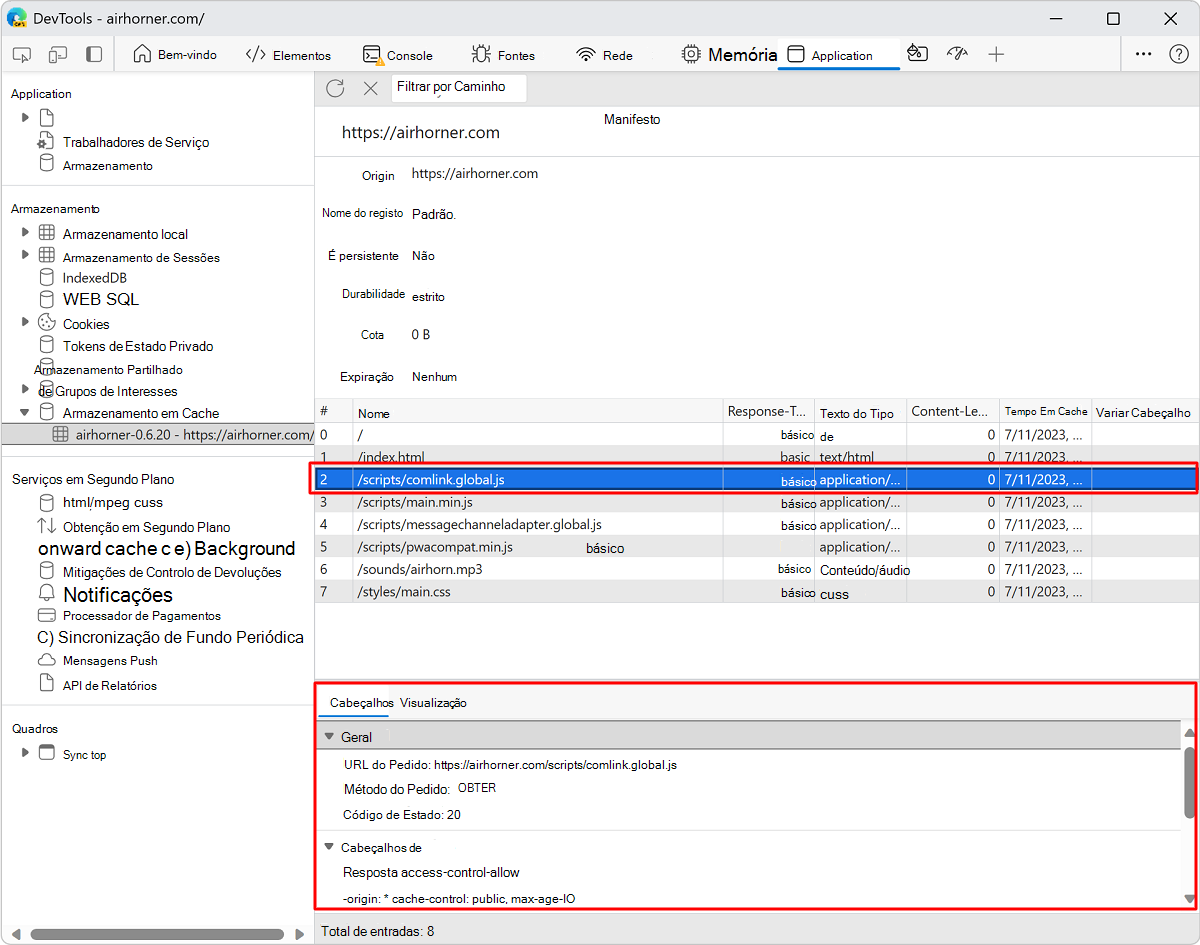 Ver os cabeçalhos HTTP de um recurso