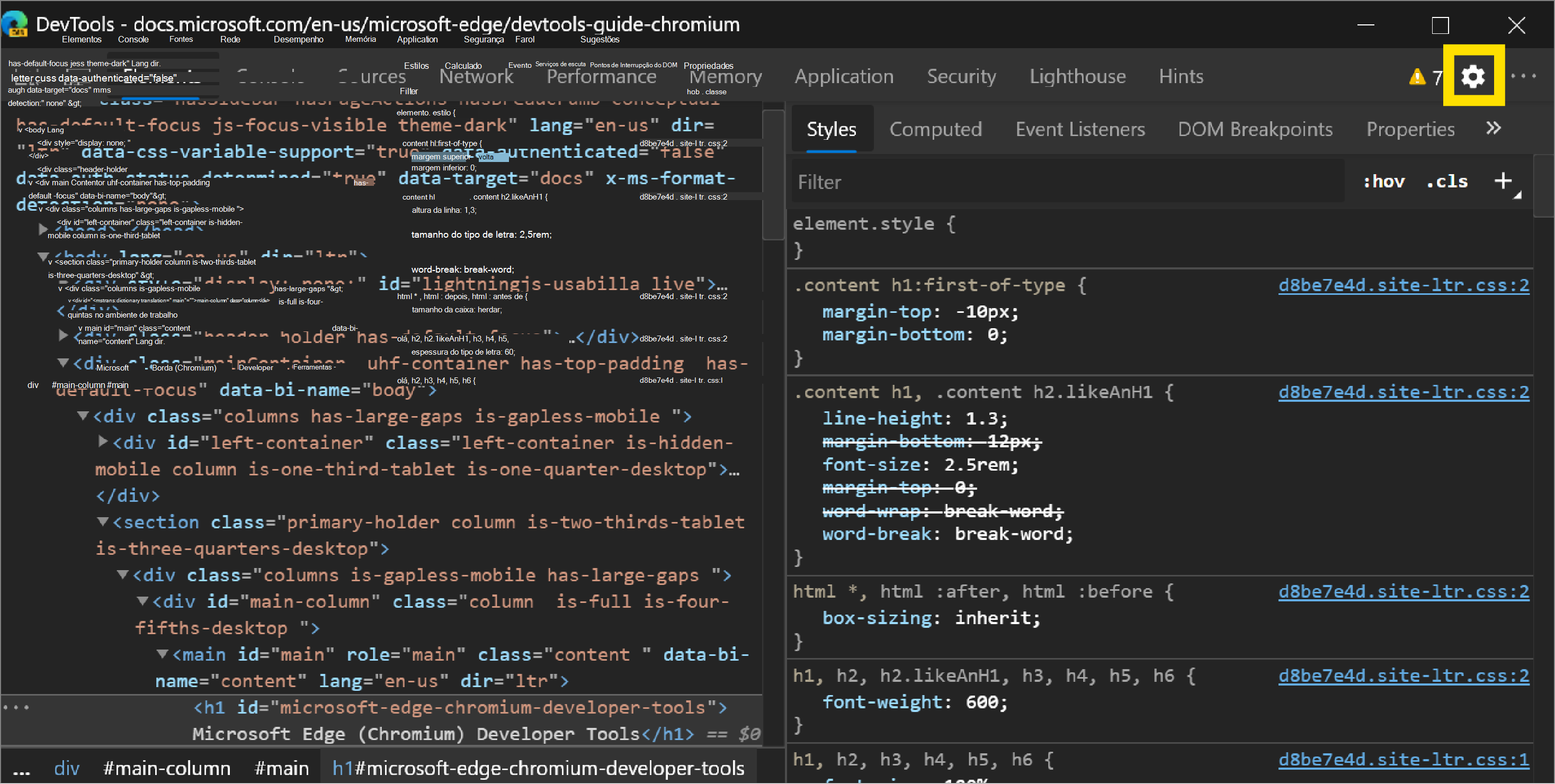 O ícone de engrenagem abre as Definições no DevTools