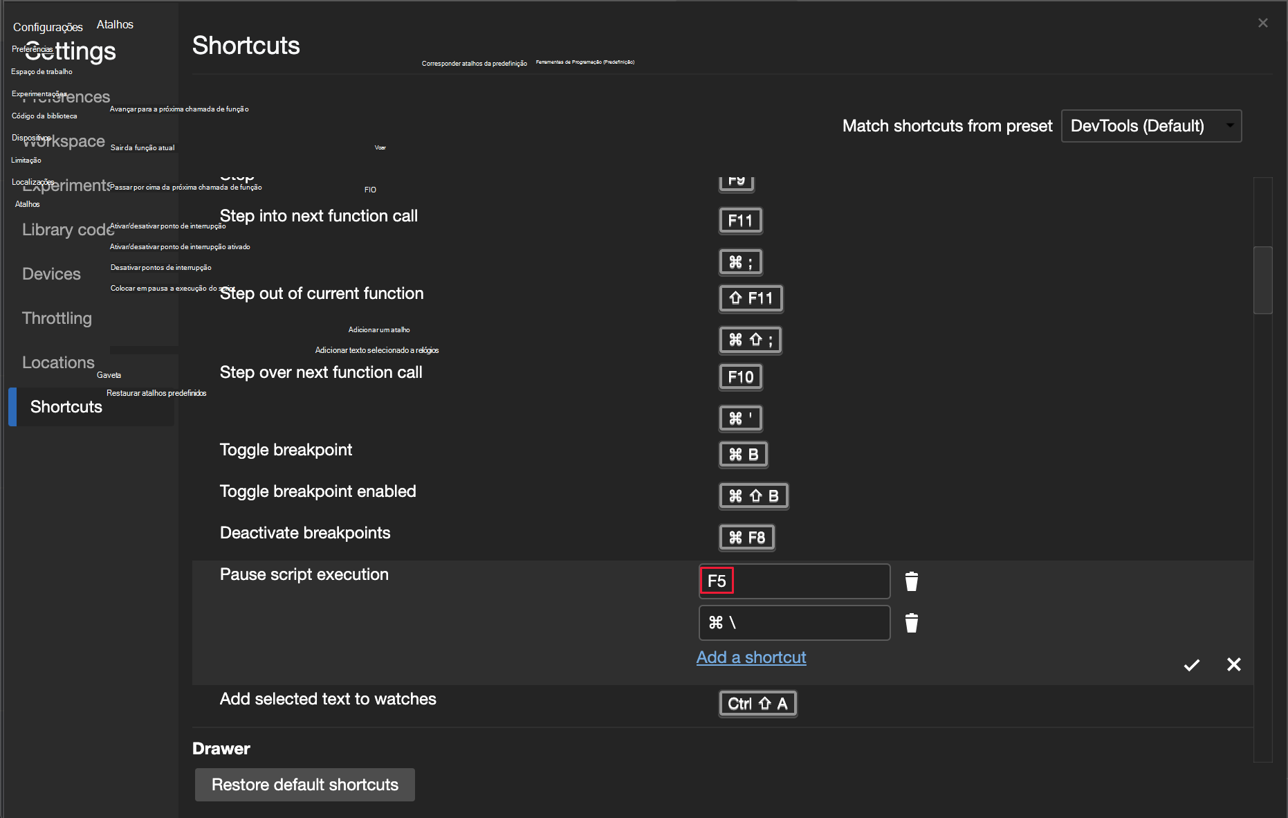 Atalho personalizado para colocar um script em pausa