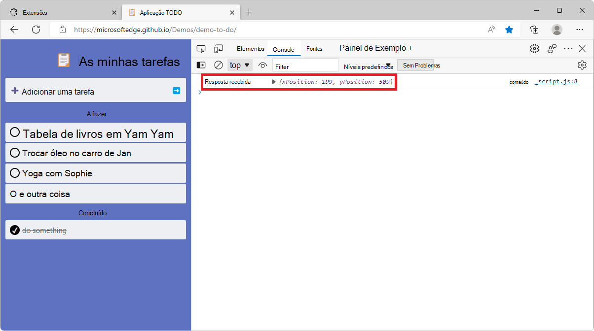 A ferramenta Consola de DevTools a mostrar a mensagem de posição clicada