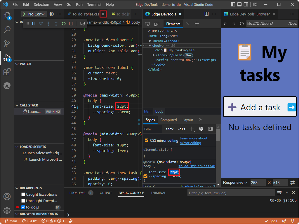 Edição em direto do ficheiro .css quando altera valores no separador Estilos