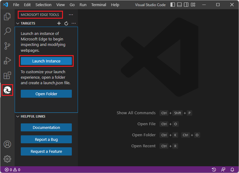 O botão Iniciar Instância sem pasta aberta