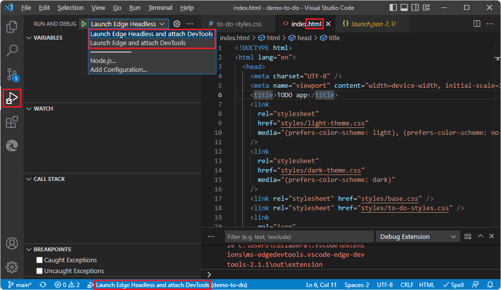 Configurações no canto superior esquerdo da Barra Lateral Executar e Depurar