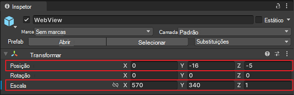 Propriedades do WebView atualizadas no Inspetor do Unity