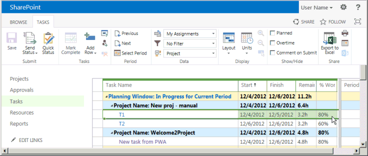 Verificando as tarefas atualizadas no Project Web App