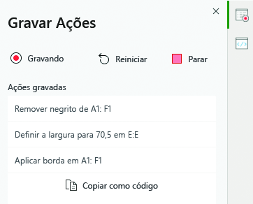 Uma lista de ações gravadas pelo gravador de ação.