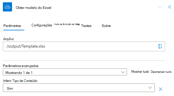 O conector OneDrive for Business concluído no painel de tarefas de ação, cujo nome foi mudado para Obter modelo do Excel.