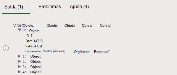 O resultado da consola do script anterior que mostra os valores de propriedade do objeto.