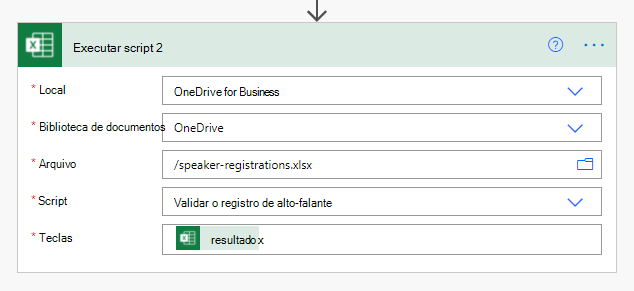 O conector do Excel Online (Business) concluído para o segundo script no Power Automate.
