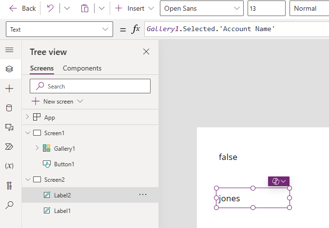 Captura de tela do Power Apps Studio mostrando um controle referenciado cruzado.