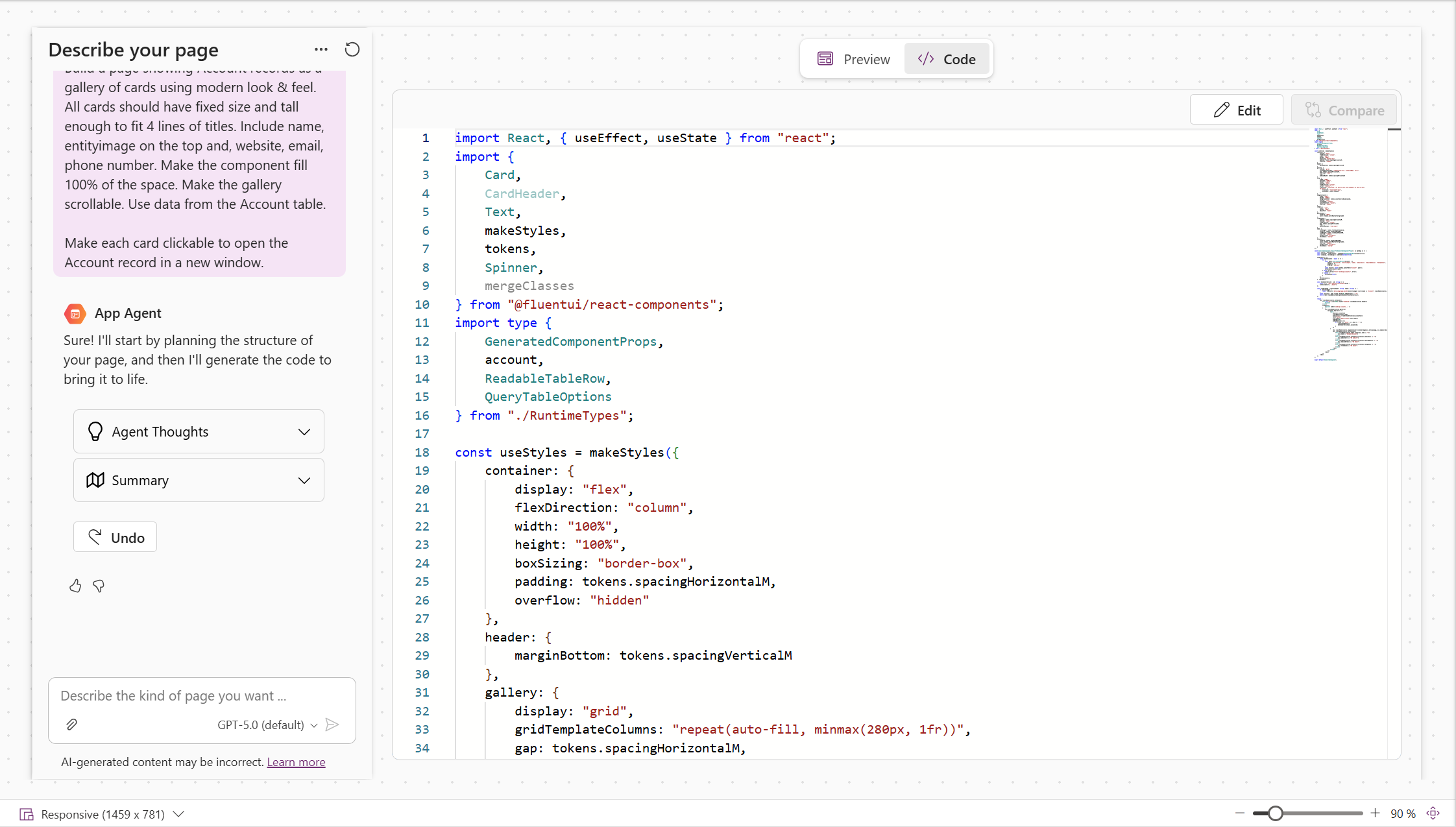 Exiba o código de página generativa e faça iterações no design