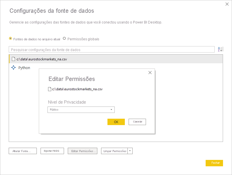 Captura de tela da caixa de diálogo Configurações da fonte de dados mostrando que o Nível de Privacidade está definido como Público.