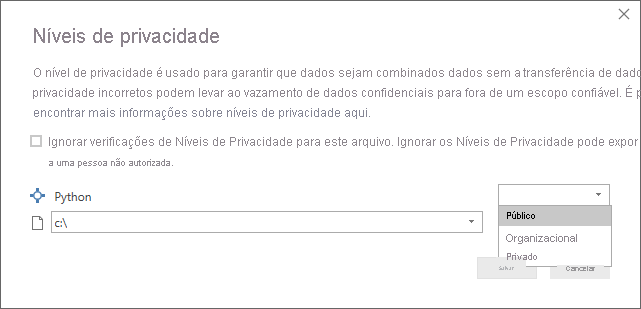 Captura de tela da caixa de diálogo Níveis de privacidade, mostrando que Público está como definido.