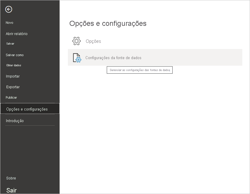 Captura de tela do menu Arquivo no Power BI Desktop, mostrando a seleção de configurações da fonte de dados.