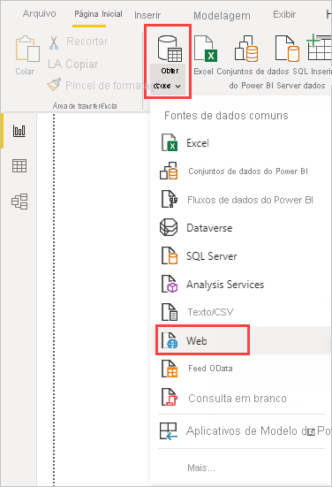 Captura de tela mostra a opção Obter dados na faixa de opções com a Web selecionada.
