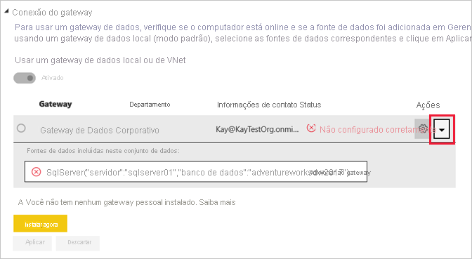 Captura de tela que mostra as fontes de dados expandidas com o alternador de seta realçado.