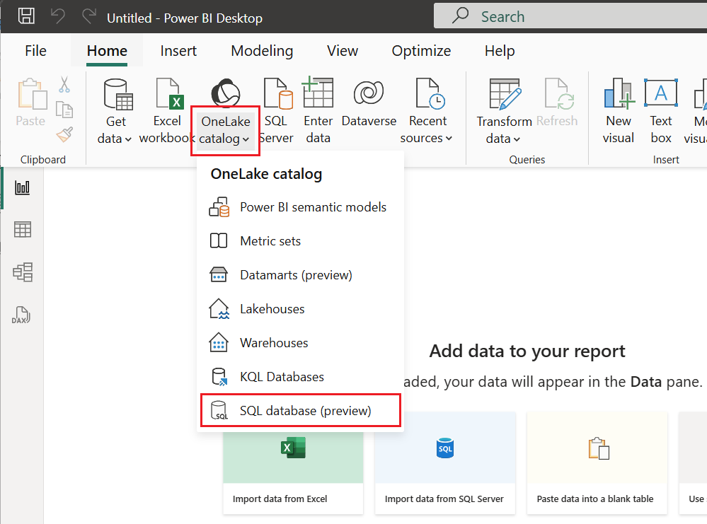 Captura de tela que mostra a seleção do banco de dados SQL no catálogo do OneLake.