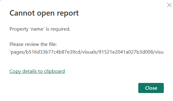 Captura de tela do aviso de erro de bloqueio do PBIR.