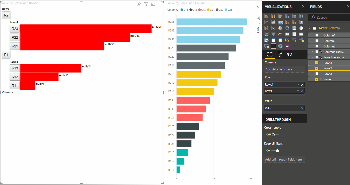 Animação selecionando pontos de dados no visual, com mapeamento e realce de exibições de dados de matriz.