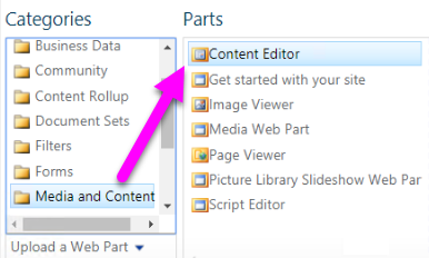 Captura de tela mostrando como selecionar a Web Part do Editor de Conteúdo.