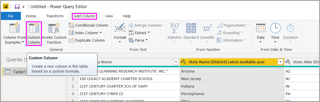 Captura de tela do Editor do Power Query realçando o botão Coluna Personalizada na guia Adicionar Coluna.