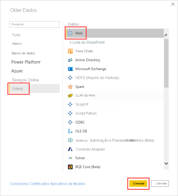 Captura de tela da caixa de diálogo Obter dados destacando a opção de se conectar a uma fonte de dados da Web.