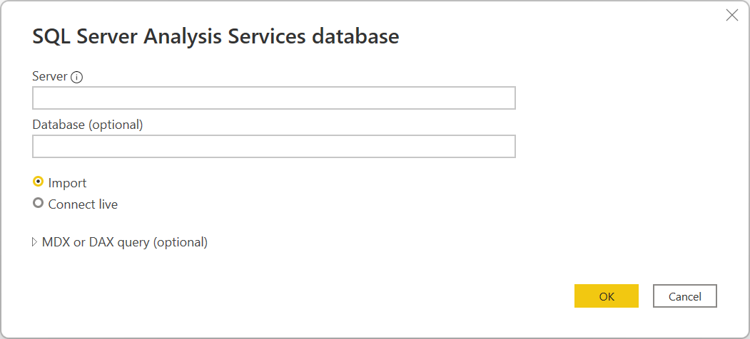 SQL Server Analysis Services construtor de conexões de banco de dados em Power Query Desktop.