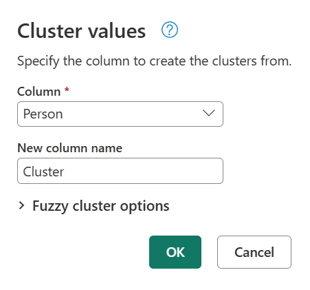 Captura de tela da janela valores do cluster com a coluna Pessoa selecionada e a nova coluna nomeada como Cluster.